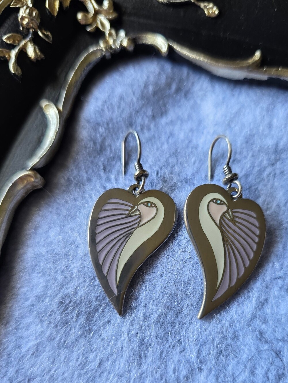 Vintage Laurel Burch Silver Tone "Dove Heart" Ename Dangle Earrings